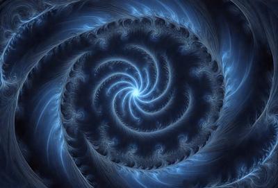 The primary subject of the image is a spiral pattern, which is the main object, scene, or focus of the image. The spiral pattern is set against a blue background, creating a visually striking contrast. The spiral pattern is depicted in a digital art style, giving it a modern and intricate appearance. The overall atmosphere of the image is one of depth and complexity, with the spiral pattern serving as a captivating visual element.
