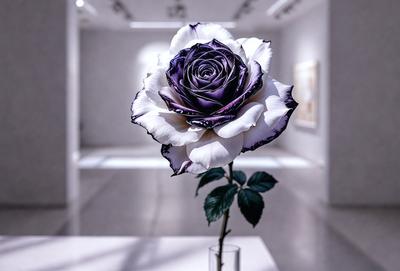 The primary subject of the image is a purple and white rose, which is placed in a clear vase. The rose is the focal point of the scene, and it is situated in a white room. The visual style of the image is a photo, capturing the beauty of the rose in its vase. The dominant colors in the image are purple and white, creating a serene and elegant atmosphere.