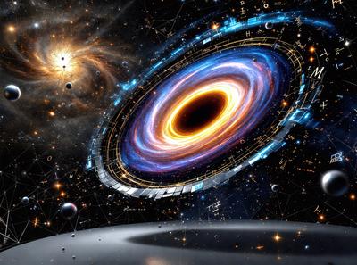 The primary subject of the image is a large, blue, circular object with a black hole in the center. This object is surrounded by a variety of celestial bodies, including stars, planets, and other celestial objects. The setting is a space environment, with the circular object being the main focus of the image. The visual style is a combination of digital art and illustration, creating a vivid and detailed representation of the celestial scene. The colors and mood of the image are predominantly dark and dramatic, with the black hole and the surrounding celestial bodies creating a sense of depth and mystery.