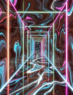 The primary subject of the image is a tunnel with a colorful, swirling pattern on the walls. The setting is a long, narrow passage with a brightly lit environment. The visual style is a combination of digital art and illustration, creating a vibrant and dynamic atmosphere. The dominant colors are pink, blue, and green, which contribute to the overall mood of the scene.