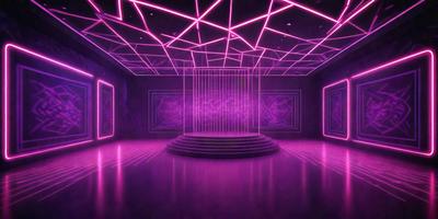 The primary subject of the image is a purple room with a stage in the center. The room is illuminated with purple lighting, creating a unique and visually striking atmosphere. The setting appears to be a futuristic or modern space, possibly a club or a performance venue. The visual style of the image is a combination of digital art and illustration, with the purple lighting and the stage design contributing to the overall mood of the scene.