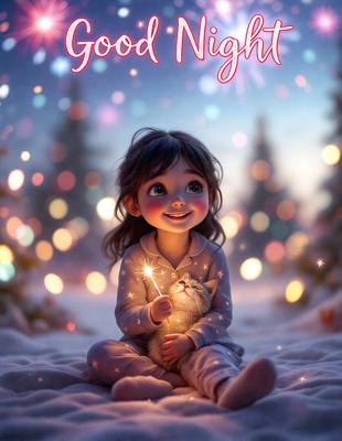 The primary subject of the image is a young girl sitting on a bed, holding a lighted sparkler. The setting is a cozy bedroom, with a pile of snow visible outside the window. The visual style is a digital art illustration, featuring a cute and whimsical scene. The colors and mood are warm and inviting, with the girl's smile and the glowing sparkler creating a sense of joy and wonder.