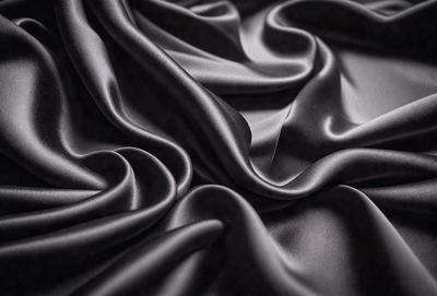 The primary subject of the image is a close-up of a black fabric, possibly a piece of silk or velvet. The setting is a black background, which emphasizes the fabric's texture and color. The visual style is a close-up, focusing on the details of the fabric. The colors and mood of the image are predominantly black, creating a dramatic and sophisticated atmosphere.