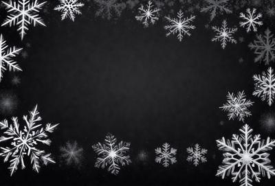 The primary subject of the image is a black background with white snowflakes scattered across it. The snowflakes are arranged in a circular pattern, creating a visually appealing and festive appearance. The setting is a dark background, which contrasts with the white snowflakes, making them stand out even more. The visual style of the image is a combination of digital art and illustration, as the snowflakes are carefully placed and the overall composition is well-executed. The colors and mood of the image are predominantly black and white, with the white snowflakes adding a touch of brightness and warmth to the scene.