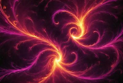 The primary subject of the image is a purple and orange flame pattern, which appears to be a digital art or illustration. The setting is a dark background, and the visual style is a combination of digital art and a pattern. The dominant colors in the image are purple and orange, creating a vibrant and energetic atmosphere.