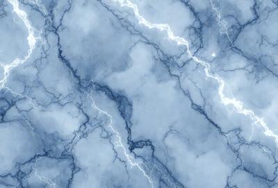 The primary subject of the image is a blue and white marble wall with a lightning bolt pattern. The setting is a room with a blue and white marble floor. The visual style is a digital art, illustration, or drawing. The dominant colors are blue and white, creating a calm and serene atmosphere.