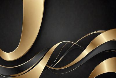 The primary subject of the image is a gold and black swirl pattern. The setting is a black background, which contrasts with the gold swirls. The visual style is a digital art or illustration, creating a dynamic and eye-catching design. The colors and mood of the image are predominantly black and gold, giving it a sophisticated and elegant appearance.