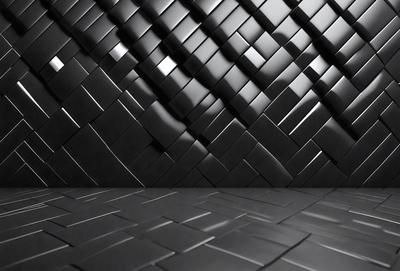 The primary subject of the image is a black and white patterned wall. The setting is a black background, and the visual style is a patterned wallpaper. The colors and mood of the image are predominantly black and white, creating a bold and striking appearance.