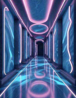 The primary subject of the image is a long, narrow hallway with a blue and pink lighting effect. The setting is a futuristic, underground environment, and the visual style is a combination of digital art and illustration. The dominant colors are blue and pink, creating a unique and vibrant atmosphere.