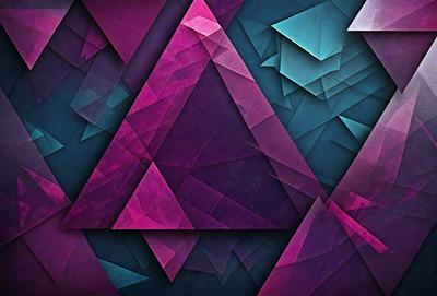 The primary subject of the image is a geometric pattern made up of triangles. The pattern is displayed in a variety of colors, including purple, blue, and pink. The setting is a dark background, which contrasts with the bright and vibrant colors of the pattern. The visual style of the image is a combination of digital art and illustration, creating a unique and eye-catching design. The overall atmosphere of the image is lively and energetic, thanks to the bold colors and intricate pattern.