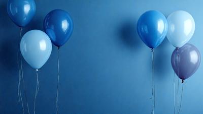 The primary subject of the image is two blue balloons, one on the left and one on the right, hanging against a blue wall. The setting is a room with a blue wall, and the visual style is a photo. The colors and mood of the image are predominantly blue, creating a calm and serene atmosphere.