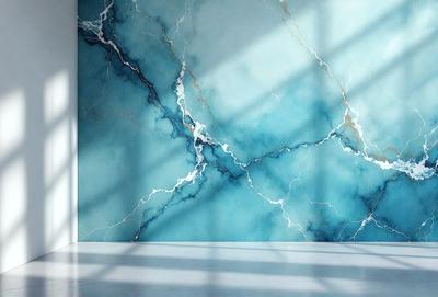 The primary subject of the image is a large blue and white marble wall. The setting is a room with a window, and the visual style appears to be a photo. The dominant colors in the image are blue and white, creating a calm and serene atmosphere.