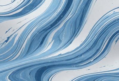 The primary subject of the image is a blue and white swirl pattern, which appears to be a digital art or illustration. The setting is a white surface, and the visual style gives the impression of a painting or a pattern. The dominant colors in the image are blue and white, creating a calming and soothing atmosphere.