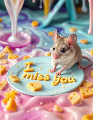 The primary subject of the image is a small mouse sitting on a plate. The mouse is positioned in the center of the plate, which is placed on a surface with a pink and purple background. The visual style of the image is a combination of photo and digital art, creating a unique and eye-catching scene. The colors and mood of the image are vibrant and cheerful, with the pink and purple background adding a touch of warmth and playfulness to the scene.