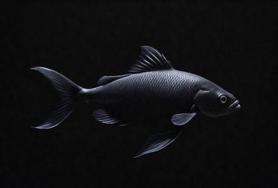 The primary subject of the image is a black fish with a long tail. The fish is swimming in a dark environment, possibly a black background. The visual style of the image is a close-up of the fish, showcasing its details. The colors and mood of the image are predominantly dark, with the black fish being the main focus.