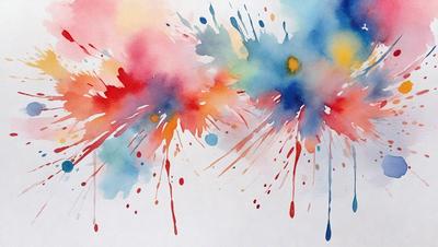 The primary subject of the image is a painting of a colorful splash, featuring a mix of red, blue, yellow, and orange colors. The setting is a white background, which provides a clean and uncluttered appearance. The visual style is a combination of digital art and illustration, creating a vibrant and dynamic scene. The colors and mood of the painting are lively and energetic, evoking a sense of movement and creativity.