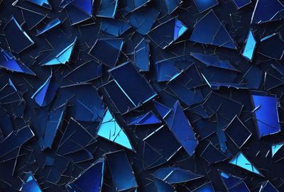 The primary subject of the image is a blue background with a pattern of broken glass or shattered pieces. The setting is a dark blue background, and the visual style appears to be a digital art or illustration. The colors and mood of the image are predominantly dark and moody, with the blue shattered glass pieces creating a sense of depth and intrigue.