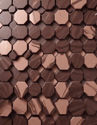 The primary subject of the image is a close-up of a marbled wall, featuring a pattern of hexagonal shapes. The setting is a room with a brown and white marbled wall, which serves as the background. The visual style is a close-up of the wall, showcasing the intricate pattern of the hexagons. The colors and mood of the image are predominantly brown and white, giving it a warm and classic atmosphere.