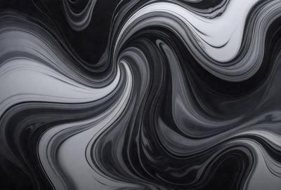 The primary subject of the image is a black and white painting of a swirling, abstract design. The setting is a black background, which contrasts with the swirling design. The visual style is a painting, which gives the image a more artistic and creative appearance. The dominant colors are black and white, creating a bold and striking visual effect. The overall atmosphere of the image is dynamic and engaging, as the swirling design captures the viewer's attention.