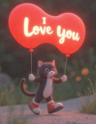 The primary subject of the image is a black and white cat with a heart on its chest, holding a red heart balloon. The cat is standing on a grassy field, and the setting appears to be a park or an outdoor area. The visual style of the image is a combination of digital art and illustration, creating a whimsical and playful atmosphere. The dominant colors are red and white, with the red heart balloon and the black and white cat being the main focus of the image.