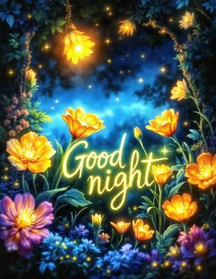 Good Night: A beautifully illustrated image of flowers, with a blue sky background, set against a nighttime scene. The flowers are in various colors, and the overall atmosphere is serene and calming. The visual style is a combination of digital art and illustration, creating a vibrant and lively scene.