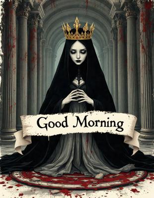 The primary subject of the image is a woman dressed in a black gown, wearing a crown and holding her hands together. She is sitting on a red carpet, which serves as the setting for the scene. The visual style of the image is a combination of digital art and illustration, creating a striking and dramatic portrait. The colors in the image are predominantly black and red, giving the scene a bold and striking atmosphere.