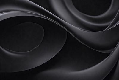 The primary subject of the image is a black and white photo of a curved, swirling pattern. The setting is a black background, which emphasizes the pattern. The visual style is a close-up of the pattern, showcasing its intricate details. The colors and mood of the image are predominantly dark and moody, with the black background and the swirling pattern creating a sense of depth and complexity.