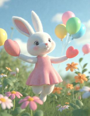 The primary subject of the image is a white bunny rabbit wearing a pink dress, standing in a field of flowers. The setting is a lush, colorful garden with a variety of flowers, including pink and yellow ones. The visual style is a combination of digital art and illustration, creating a whimsical and vibrant atmosphere. The dominant colors are pink, white, and yellow, which contribute to the overall cheerful and playful mood of the scene.