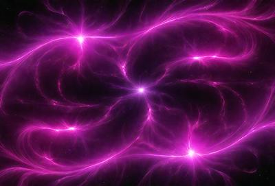 The primary subject of the image is a purple, pink, and white nebula, which is a three-dimensional space structure. The setting is a dark, starry sky, and the visual style is a digital art or illustration. The dominant colors and overall atmosphere of the image are vibrant and energetic, with the nebula's colors creating a sense of depth and movement.