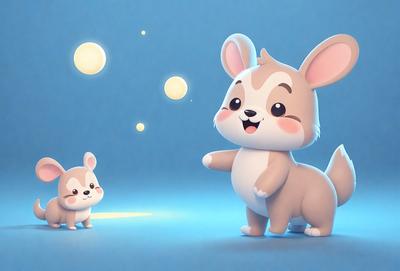 The primary subject of the image is a large, cute, and colorful bunny rabbit standing next to a smaller, cute, and colorful bunny rabbit. The setting is a blue background, which adds to the overall atmosphere of the scene. The visual style of the image is a digital art or illustration, showcasing the creativity and attention to detail in the design. The colors and mood of the image are bright, cheerful, and playful, with the large bunny being the focal point of the scene.