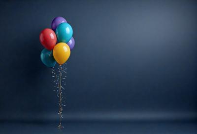 The primary subject of the image is a colorful balloon with a gold ribbon, which is floating in the air. The balloon is positioned in front of a blue background, creating a contrasting and visually appealing scene. The visual style of the image is a photo, capturing the balloon in its natural environment. The colors and mood of the image are vibrant and lively, with the balloon's vivid colors and the blue background creating a sense of fun and excitement.