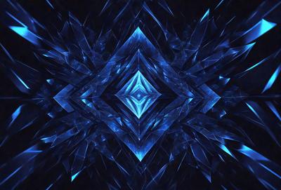 The primary subject of the image is a blue crystal or gemstone, which is the main focus of the image. The setting is a dark background, which contrasts with the bright blue color of the crystal. The visual style of the image is digital art, as it appears to be a computer-generated or digitally manipulated image. The dominant colors in the image are blue and black, creating a sense of depth and contrast.