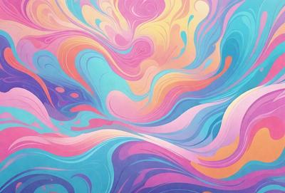 The primary subject of the image is a colorful, swirling pattern that appears to be a painting or digital art. The setting is a wall, and the visual style is a mix of photo and digital art. The dominant colors in the image are pink, blue, and yellow, creating a vibrant and lively atmosphere.