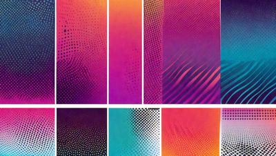 The primary subject of the image is a series of four different colored pictures, each featuring a unique design. The setting is a white background, which provides a clean and uncluttered appearance. The visual style is a combination of digital art and illustration, as the images are created using a computer or digital device. The colors and mood of the images are vibrant and lively, with each picture showcasing a distinctive color scheme and design.