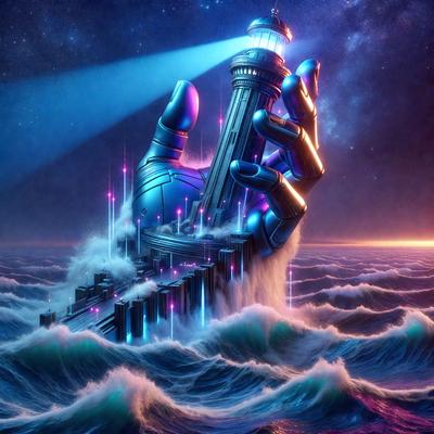 The primary subject of the image is a large, blue robotic hand holding a lighthouse. The setting is a vast body of water, with the hand and lighthouse towering over the waves. The visual style is a digital art or illustration, creating a futuristic and surreal atmosphere. The dominant colors are blue and purple, with the blue robotic hand and the purple lighthouse towering over the water.