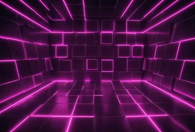 The primary subject of the image is a purple room with a pink floor. The room is filled with a pattern of pink and purple lights, creating a visually striking and vibrant atmosphere. The setting appears to be a futuristic or modern environment, possibly a club or a high-tech space. The visual style of the image is a combination of digital art and illustration, with the pink and purple lights creating a unique and eye-catching design. The colors and mood of the image are predominantly pink and purple, giving the space a lively and energetic feel.