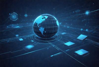 The primary subject of the image is a blue, three-dimensional globe, which is the main object, scene, or focus of the image. The setting or background of the image is a blue, digital art-like environment, with a patterned surface. The visual style of the image is digital art, illustration, or drawing, and the colors and mood are predominantly blue, creating a calm and serene atmosphere.
