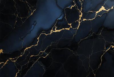 The primary subject of the image is a black and gold marble countertop. The setting is a kitchen, with the countertop being the main focus of the scene. The visual style is a close-up of the marble countertop, showcasing its intricate patterns and textures. The dominant colors are black and gold, creating a luxurious and elegant atmosphere.