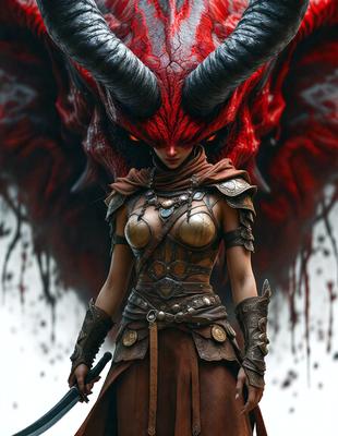 The primary subject of the image is a woman dressed in medieval armor, standing in front of a large red demon or monster. The setting appears to be a fantasy or mythical world, with the woman and the demon as the main focus. The visual style of the image is digital art, as it is a detailed and intricate illustration. The colors and mood of the image are dark and intense, with the red demon and the woman's armor creating a dramatic and intense atmosphere.