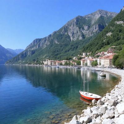 The primary subject of the image is a boat floating on a body of water, which appears to be a lake. The boat is situated near a rocky shore, and the surrounding area features a mountainous landscape. The visual style of the image is a photo, capturing the natural beauty of the scene. The colors and mood of the image are serene and peaceful, with the calm water and the picturesque mountain backdrop creating a tranquil atmosphere.
