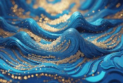 The primary subject of the image is a blue wave with gold glitter, creating a visually striking and unique scene. The setting is a blue ocean, and the visual style appears to be a combination of a photo and digital art, as the wave is depicted with a glittery texture. The colors and mood of the image are predominantly blue and gold, giving it a vibrant and luminous atmosphere.