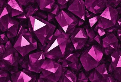 The primary subject of the image is a large pile of purple triangular crystals. The setting is a dark background, which contrasts with the bright purple color of the crystals. The visual style is a close-up of the crystals, showcasing their unique shape and texture. The colors and mood of the image are predominantly purple, creating a sense of depth and intrigue.
