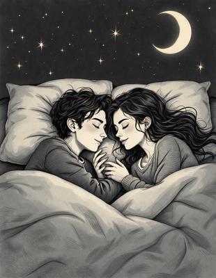 The primary subject of the image is a young man and woman lying in bed together. They are both smiling and appear to be enjoying each other's company. The setting is a bedroom, with a bed visible in the background. The visual style is a black and white drawing, which adds a sense of nostalgia and timelessness to the scene. The colors and mood are warm and inviting, as the couple shares a peaceful and intimate moment.