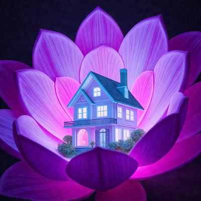 The primary subject of the image is a house, which is situated in the middle of a purple flower. The setting is a dark room, and the visual style appears to be a combination of a photo and digital art. The dominant colors in the image are purple and pink, creating a warm and inviting atmosphere.