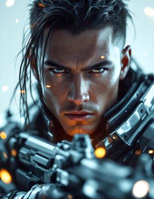 The primary subject of the image is a man with long hair, wearing a futuristic outfit and holding a gun. He appears to be a warrior or a character from a video game. The setting is a futuristic environment, possibly a battlefield or a space station. The visual style is a combination of photo and digital art, creating a realistic yet fantastical atmosphere. The colors are predominantly dark, with the man's outfit and the gun being the main focus, while the futuristic environment adds a sense of depth and intrigue to the scene.