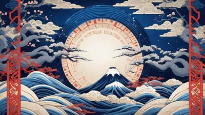The primary subject of the image is a large, colorful painting of a mountain with a sunset in the background. The mountain is depicted as a volcano, and the sun is setting behind it. The setting/background features a blue ocean with clouds, creating a serene and dramatic atmosphere. The visual style of the painting is a combination of digital art and traditional illustration, giving it a unique and captivating appearance. The colors and mood of the painting are predominantly blue and warm, evoking a sense of tranquility and beauty.