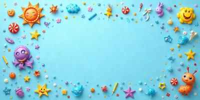 The primary subject of the image is a collection of colorful and cute toys, including a variety of candy, toys, and other items. These toys are arranged on a blue surface, which serves as the setting or background of the image. The visual style of the image is a combination of photo and digital art, creating a vibrant and playful atmosphere. The colors and mood of the image are predominantly bright and cheerful, with the blue surface adding a sense of calmness to the scene.