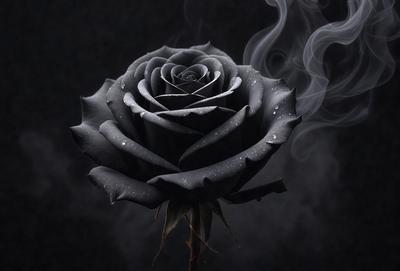 The primary subject of the image is a black rose. The setting is a dark, foggy environment, creating a mysterious and dramatic atmosphere. The visual style is a close-up of the rose, emphasizing its details and texture. The dominant colors are black and grey, with the rose being the main focus of the image.