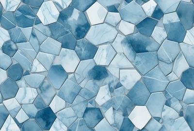 The primary subject of the image is a blue and white tile pattern. The setting is a blue and white tiled wall, which serves as the background. The visual style is a close-up of the tiled wall, showcasing the intricate pattern. The dominant colors are blue and white, creating a calm and soothing atmosphere.