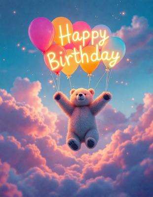 The primary subject of the image is a teddy bear. The setting is a cloudy sky, and the visual style is digital art. The bear is floating in the air, surrounded by balloons and a banner that reads "Happy Birthday." The colors and mood of the image are bright and cheerful, with the teddy bear being the central focus of the scene.